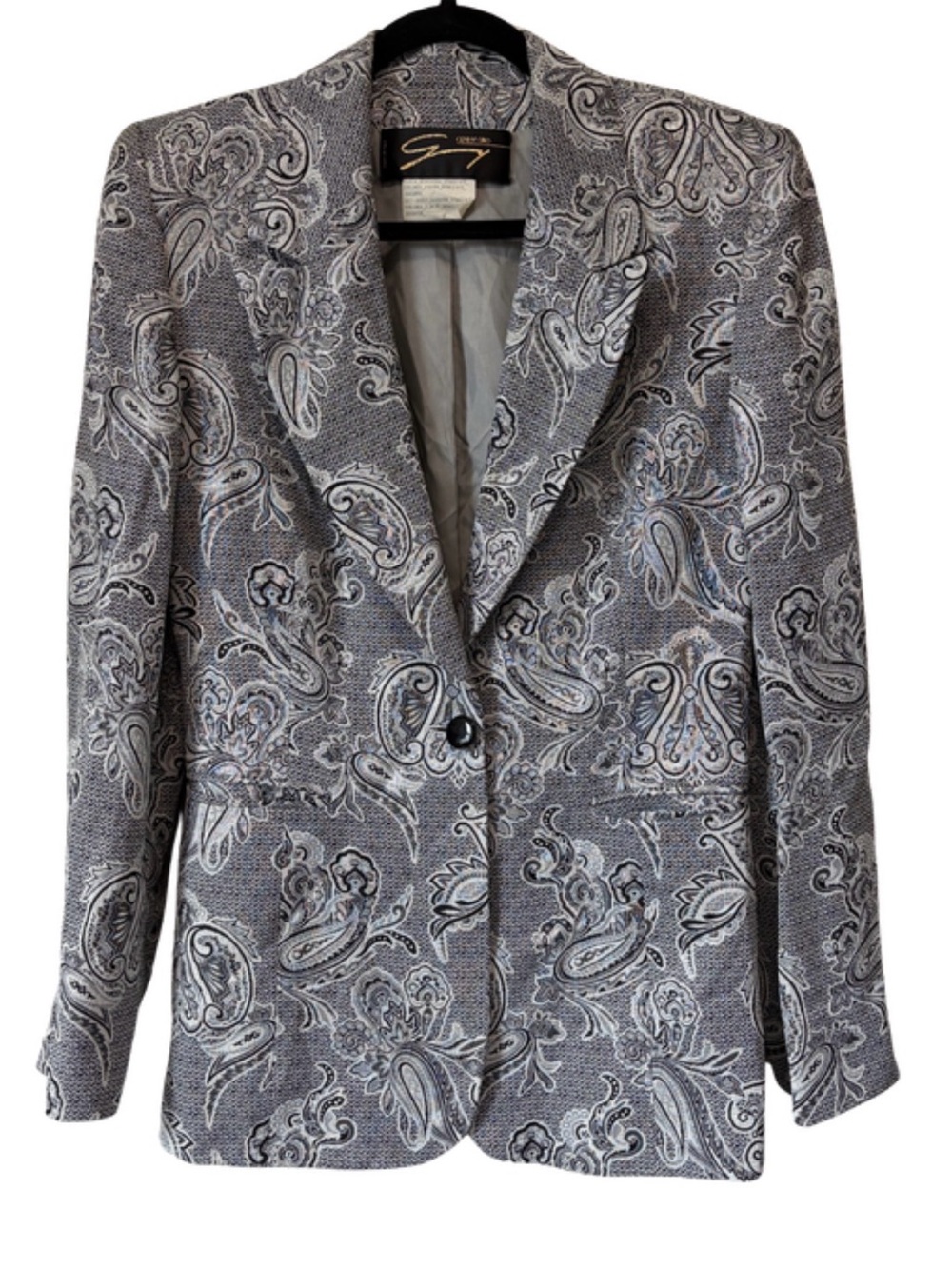 Vintage Genny Oro Paisley Blazer Black White Gray Metallic Tailored Jacket